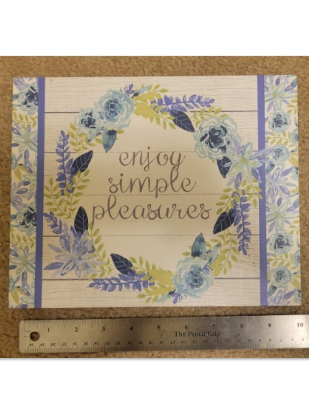 "Enjoy Simple Pleasures" Art Decor Blue Flowers White Wood Background